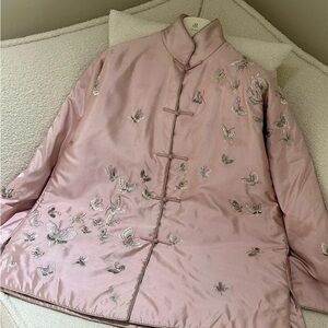 Embroidered Butterfly Satin Mandarin Jacket - Soft Pink
